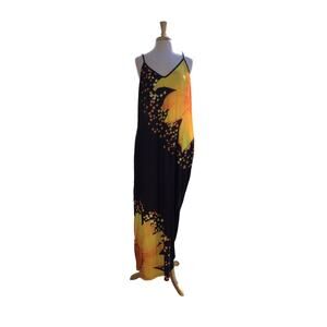 Slip Dress Gold Sunflowers Black Background  Adjustable Straps Pockets Maxi  3X